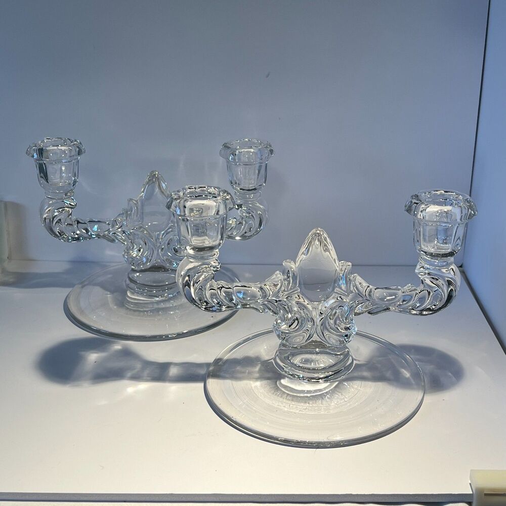 Pair of New Martinsville Janice Clear Double Candelabras